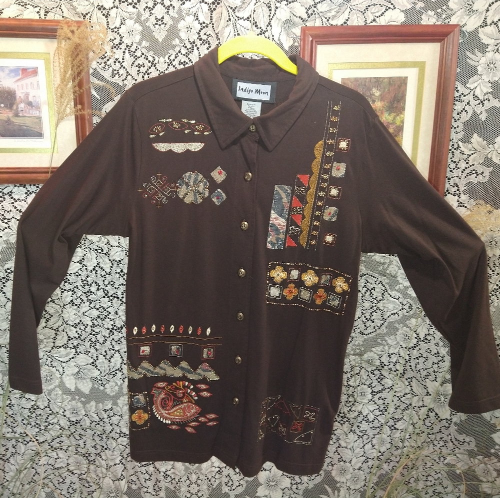 Indigo Moon brown shirt long sleeve beaded embroidery boho button up pisces